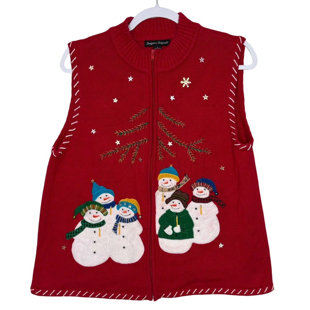 Vtg Designers Originals Snowman Family Christmas Sweater Vest Red Boho Large
